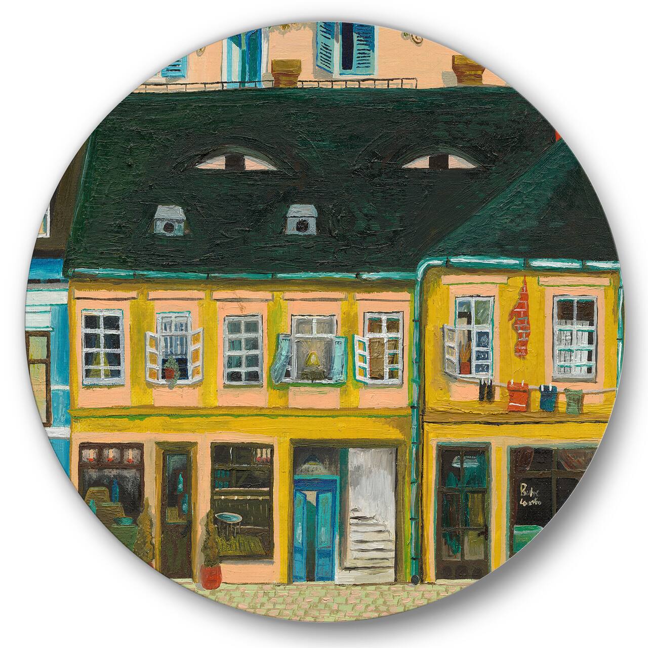 Designart - Yellow Facade of Houses In Street In Paris - French Country Metal Circle Wall Art